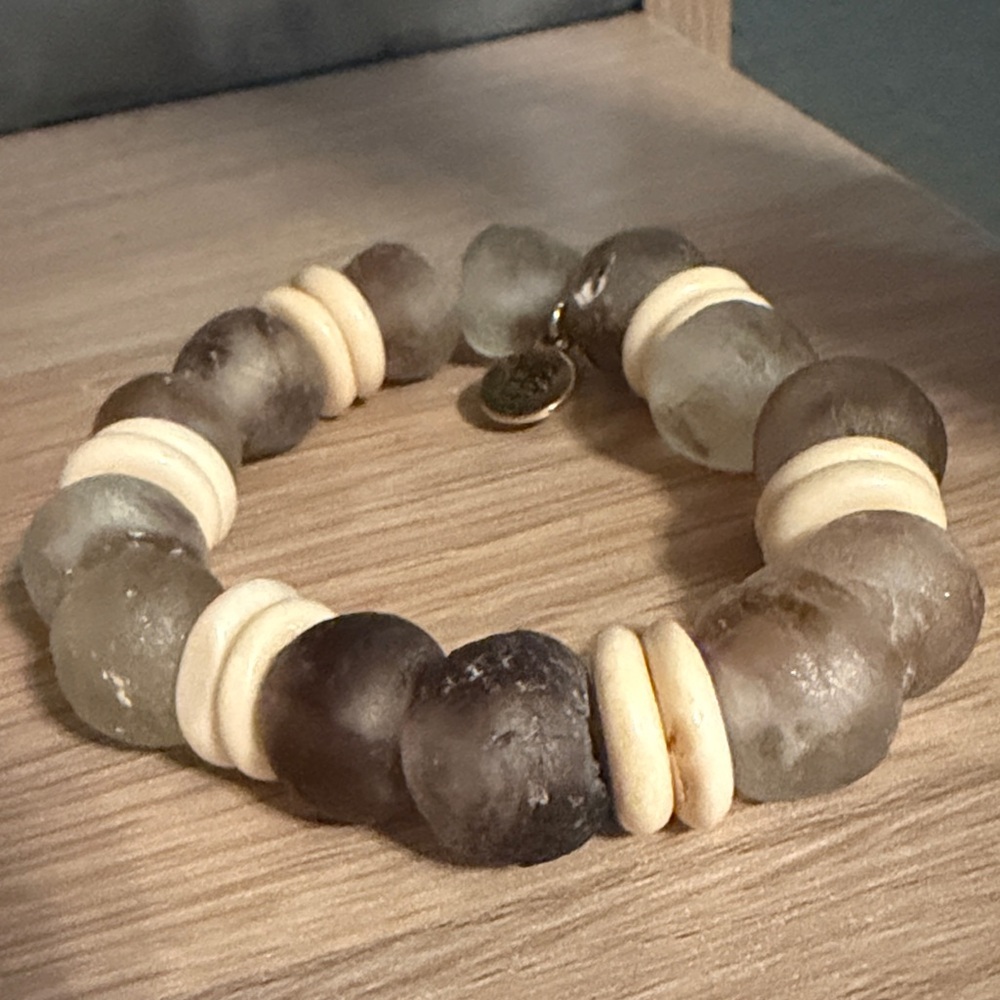 Bourbon and Boweties Frosted Eggplant Seaglass and Cream Bracelet